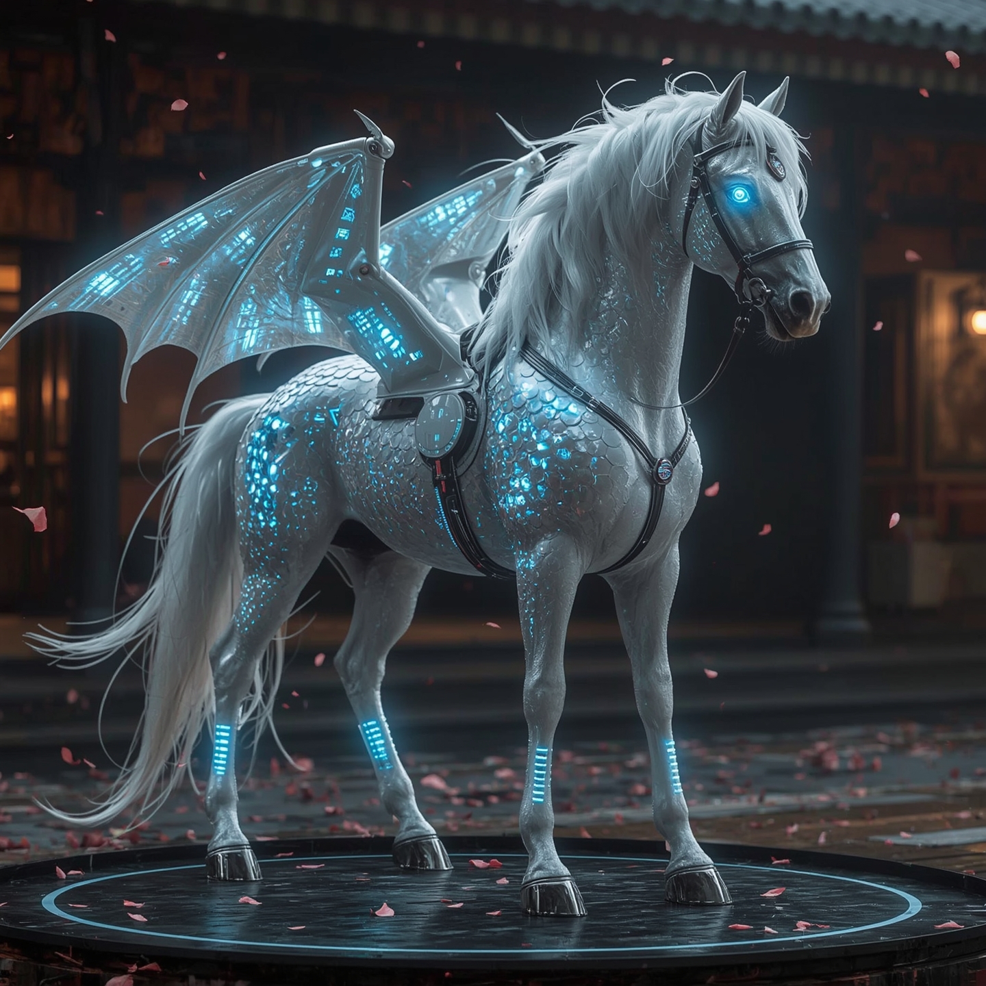 Cyberpunk white dragon horse