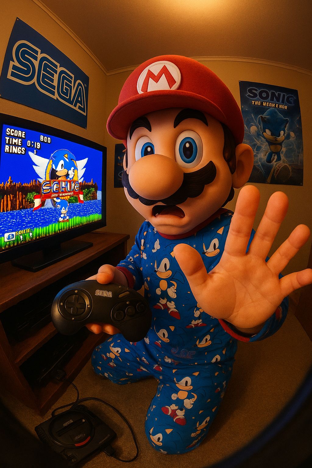 Super Mario playing Sonic the Hedgehog on a large screen TV