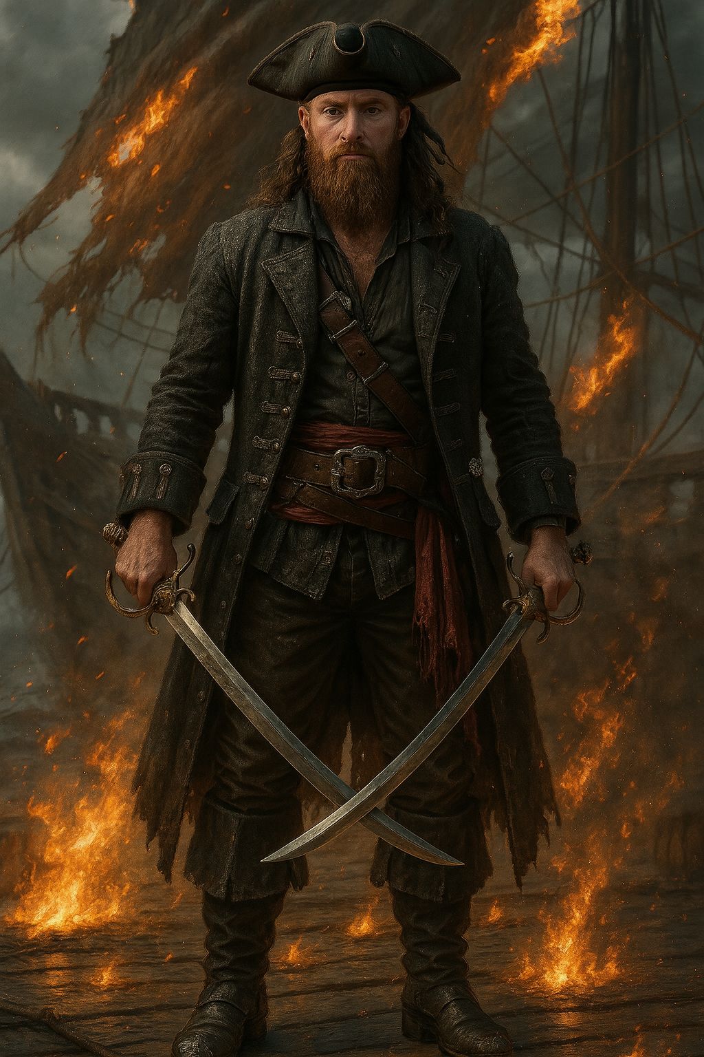 The pirate is tall, athletic build, and has light blue eyes