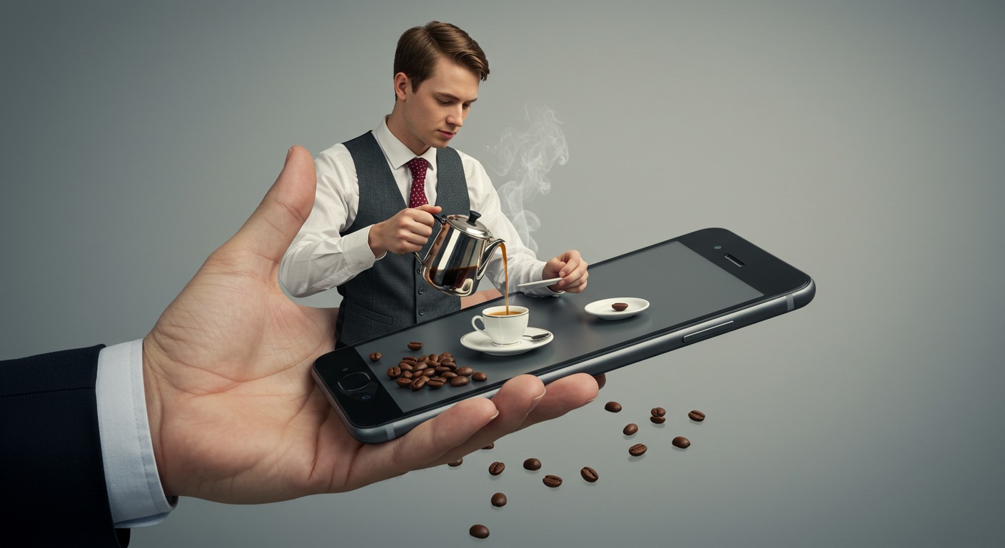 The man appears from inside the screen of a smartphone that