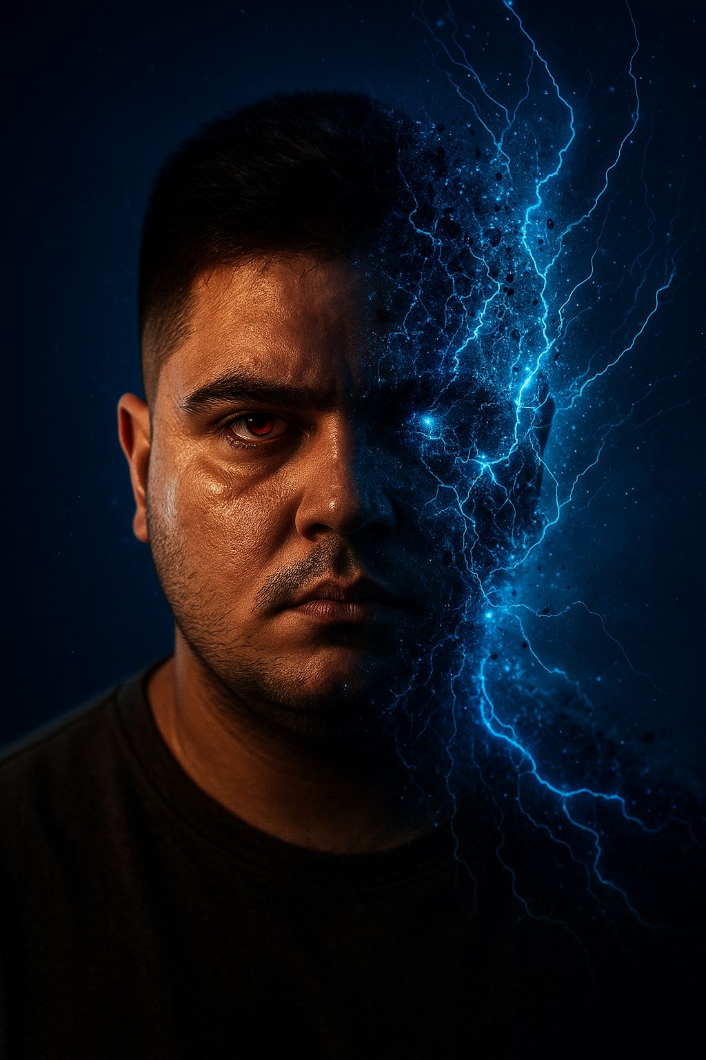 Um retrato hiper-realista de um jovem de cabelo curto escuro