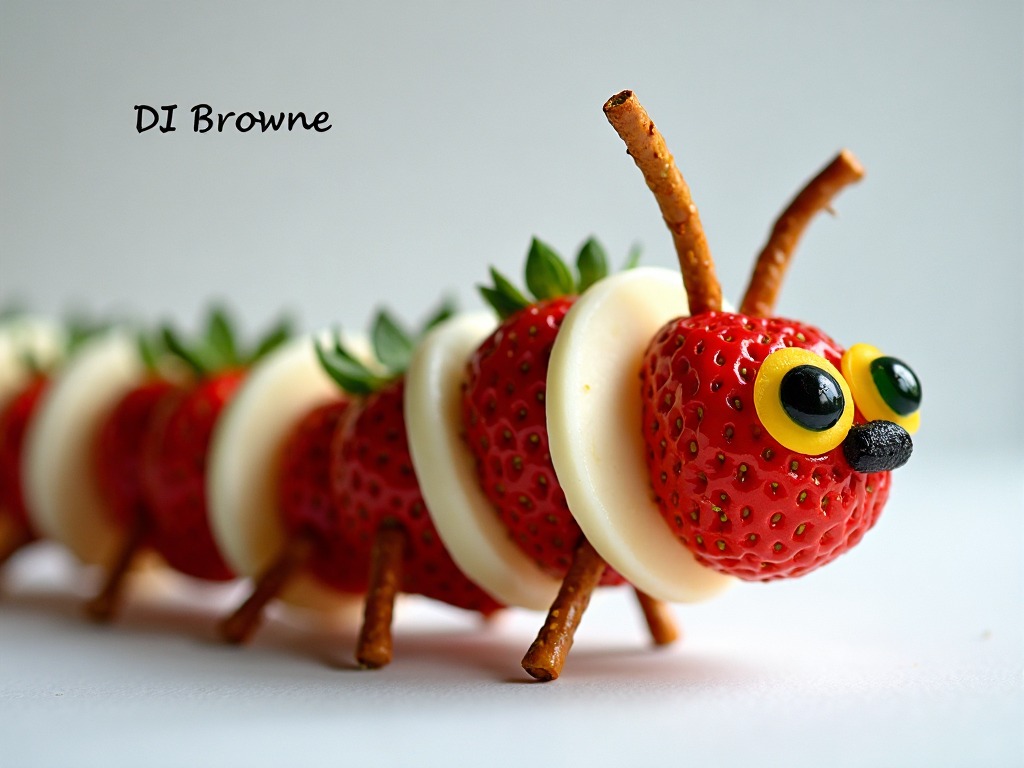 A close-up of a fruit sculpture resembling a caterpillar