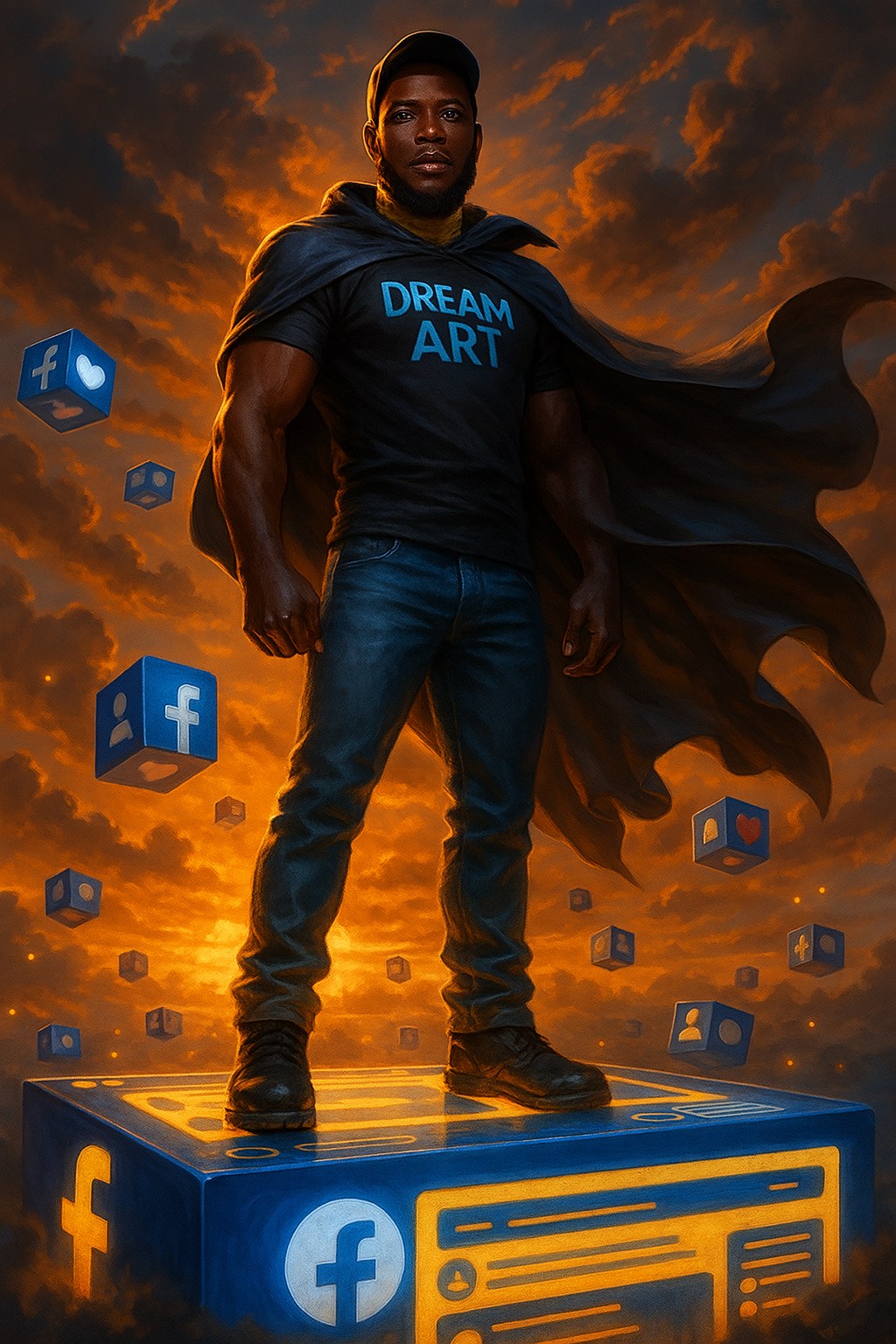 a confident man standing heroically on a glowing Facebook 