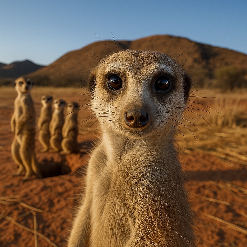 a curious meerkat standing front and center