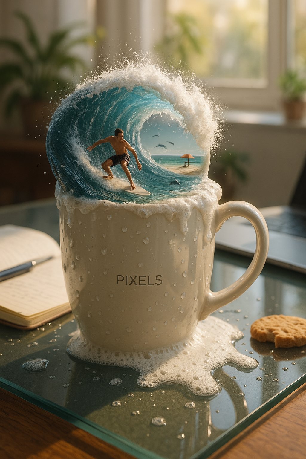 placed on glass table — but instead of coffee the mug erupts with a crashing ocean wave frozen mid-motion