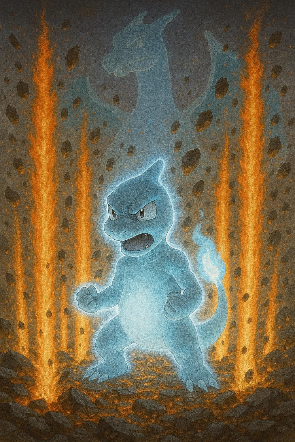Create an ultra realistic rendition of charmeleon evolving straight