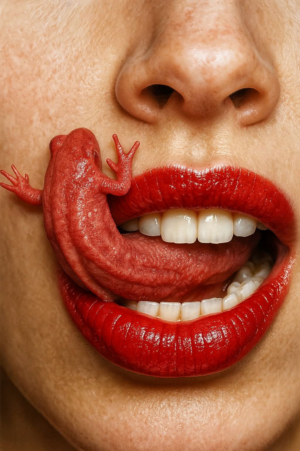 a woman's mouth with glossy red lipstick