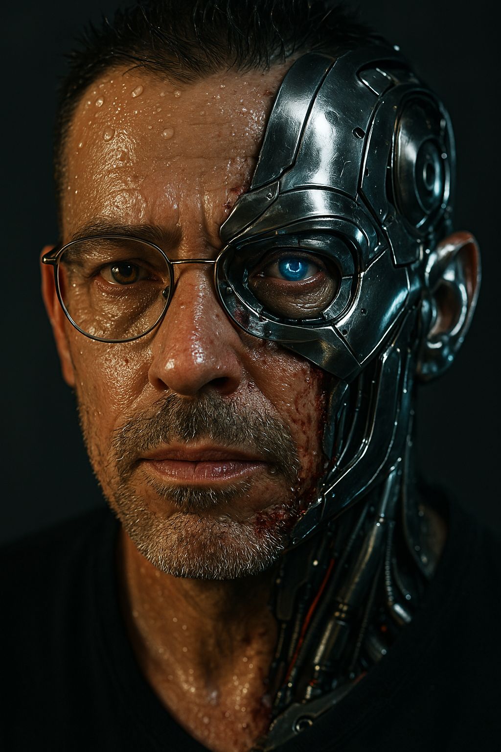 a man whose face is partially transformed into a cyborg