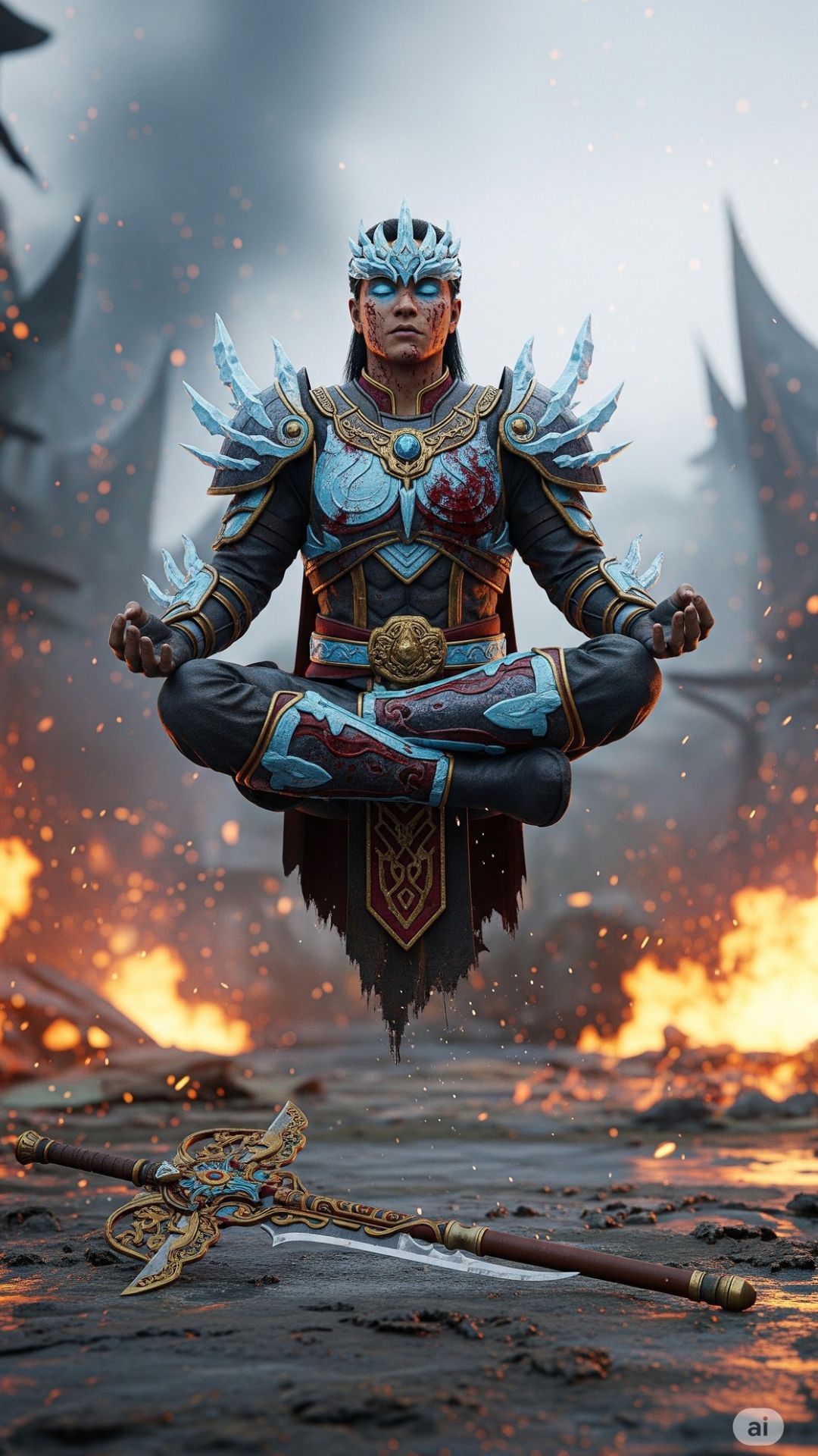 a Moluccan superhero standing on the battlefield of a ruined city