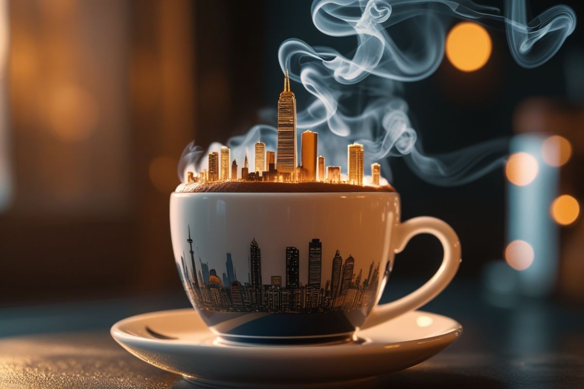 Surreal coffee cup with steam rising up and forming