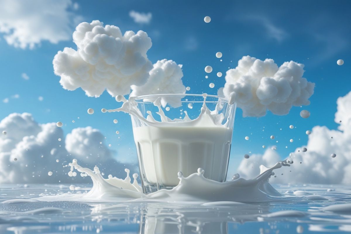 white milk splashing from glass forming perfect fluffy cloud shapes in mid-air