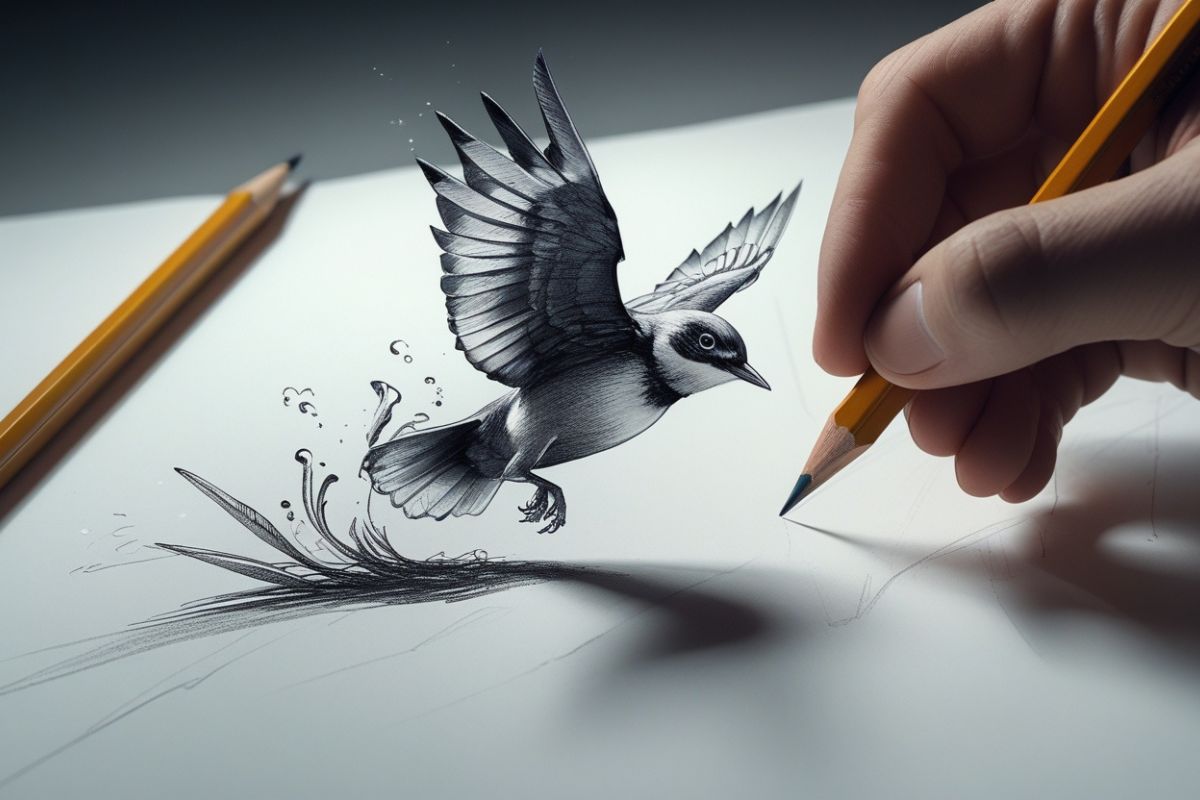 Surreal scene of pencil drawing coming to life