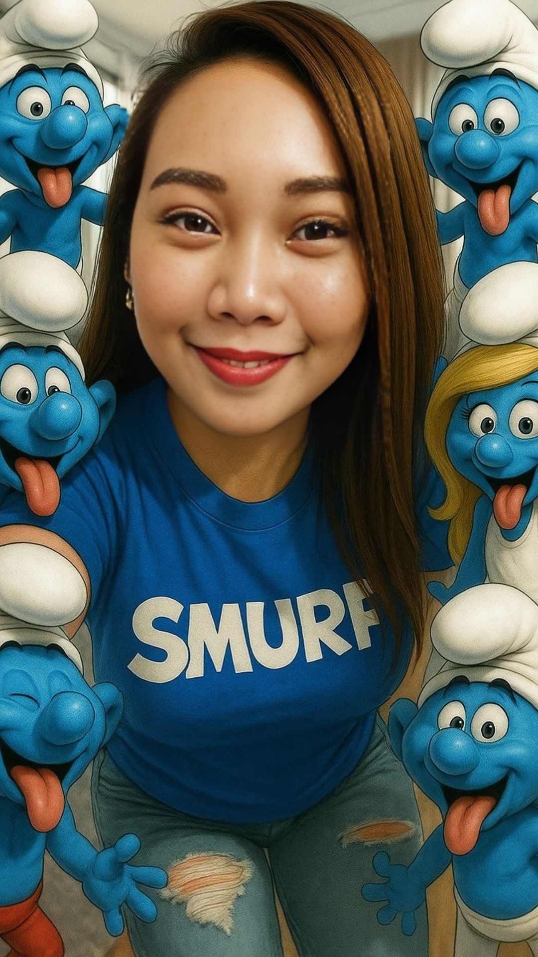 a smiling young woman surrounded by animated Smurfs