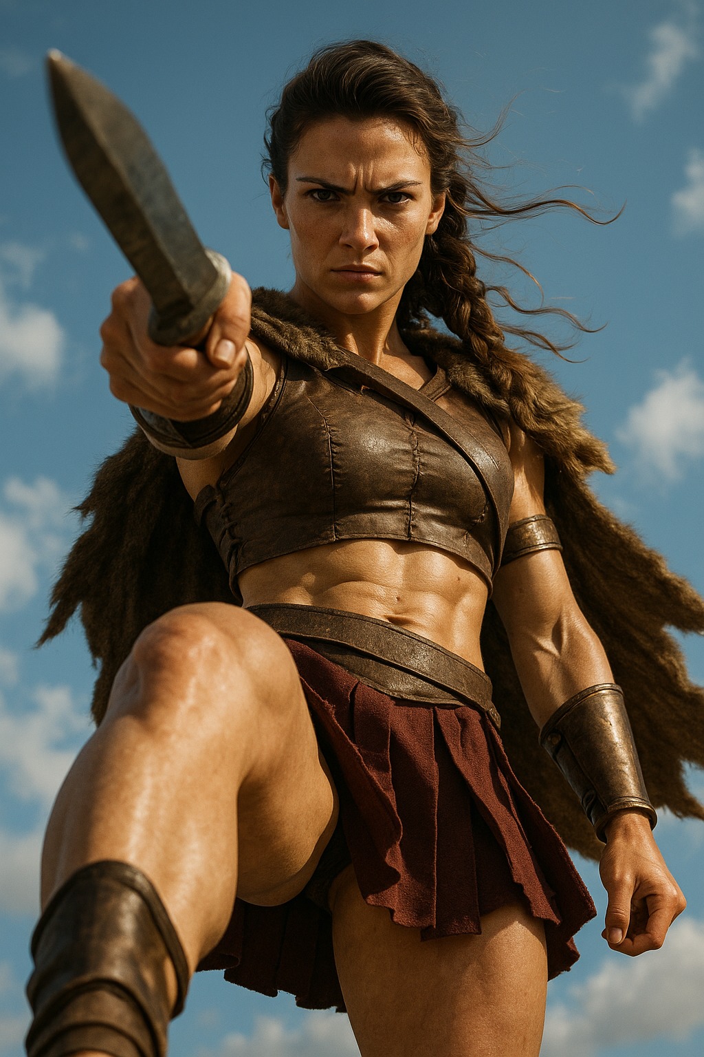A photorealistic still image showing a powerful female 