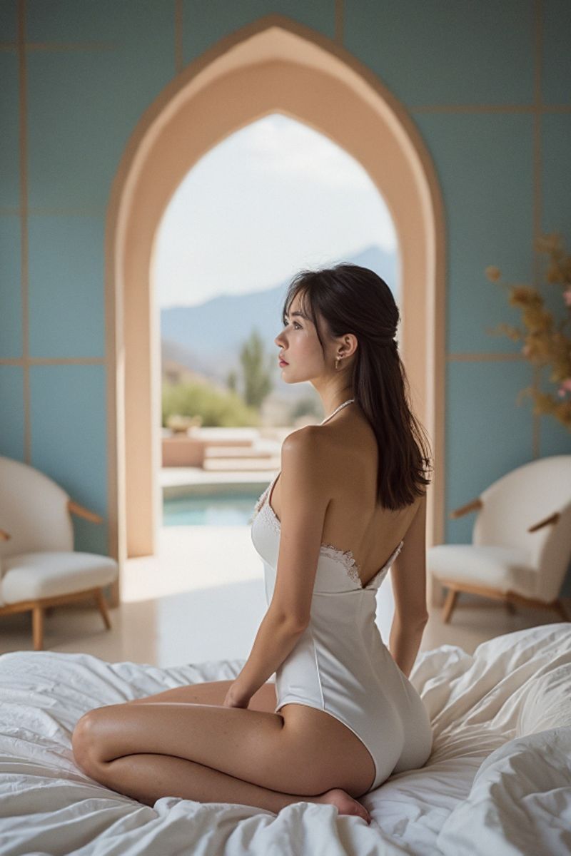 a profile camera angle about a young woman sitting on a bed