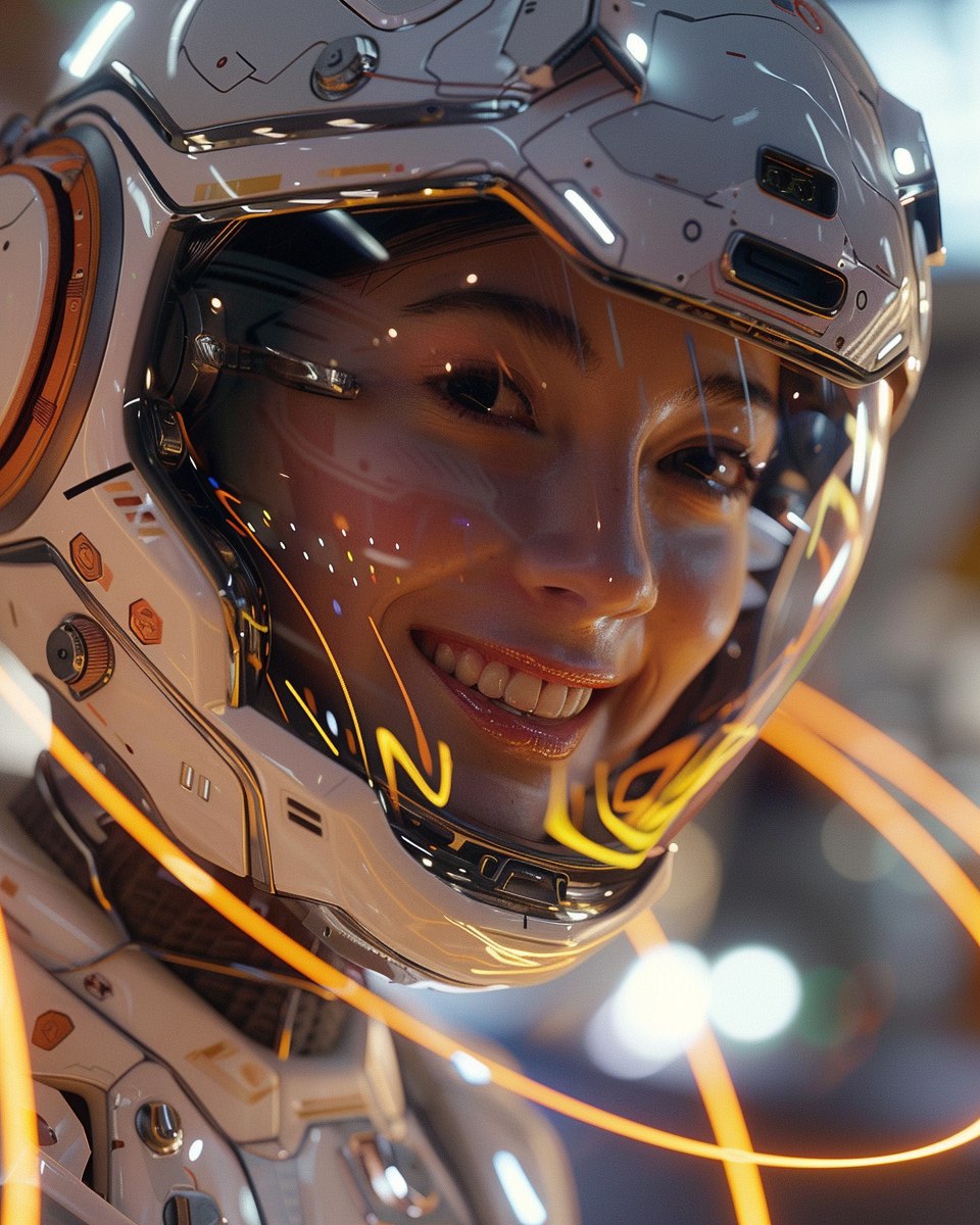 the robot and the woman smiles behind the helmet